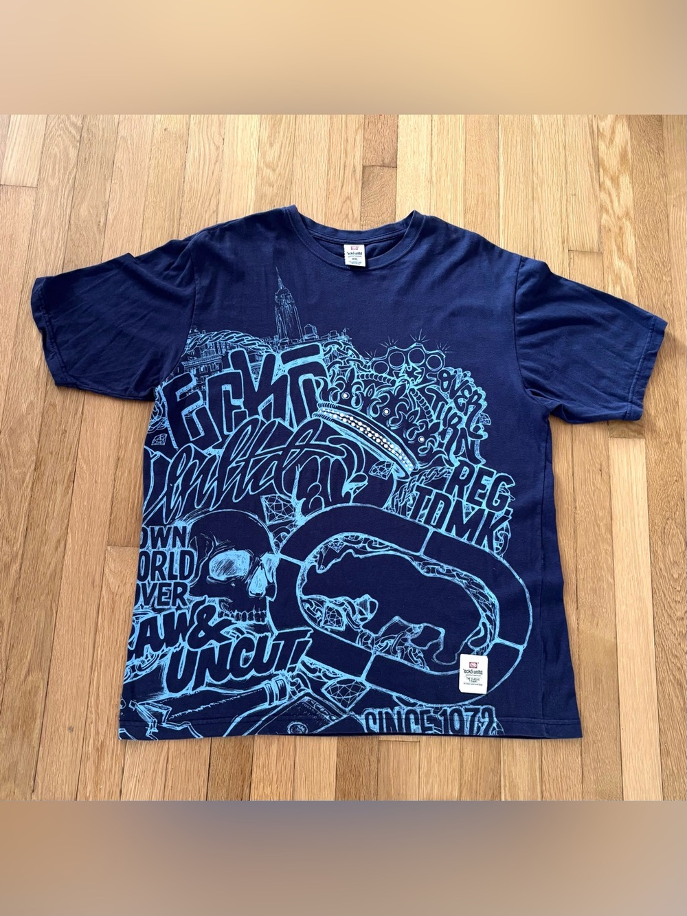 Vintage Marc Ecko Unltd Rhinestone Graphic All Over Print Shirt 2XL New York